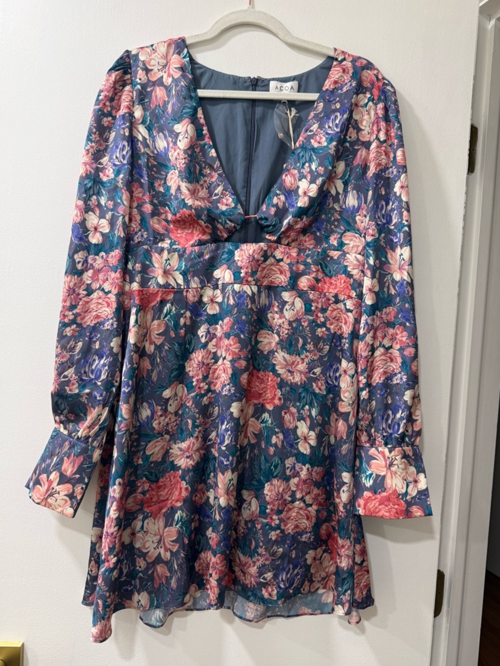 ACOA Floral V-Neck Mini Dress with Long Sleeves - Blue & Pink